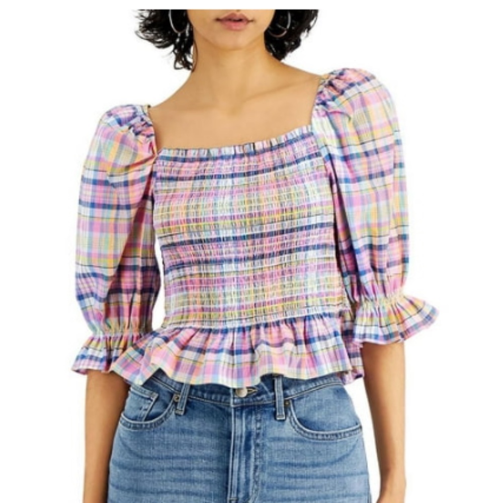 Tommy Hilfiger Smocked Plaid Peplum Top